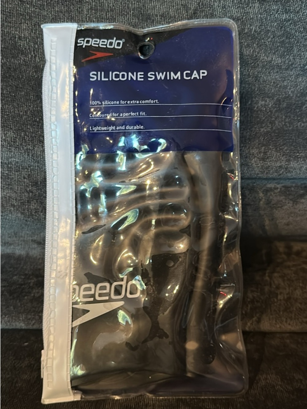 Speedo Black Silicone Swim Cap with White Logo - Packaged